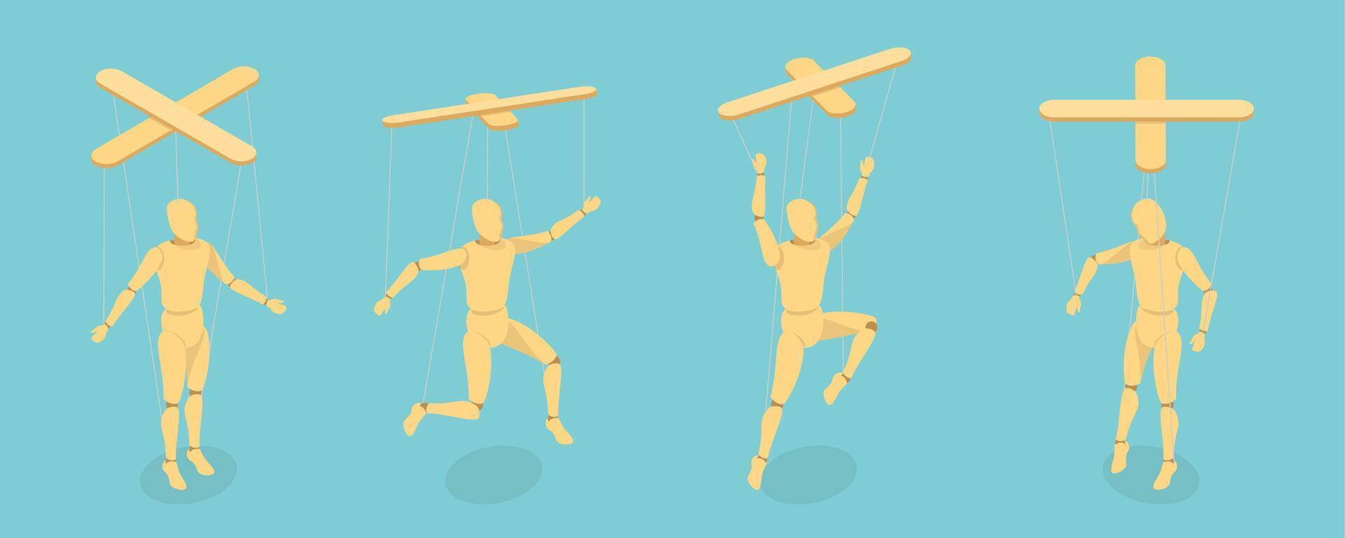 3D Isometric Flat Set of Wooden Marionettes, Puppet on Ropes vector