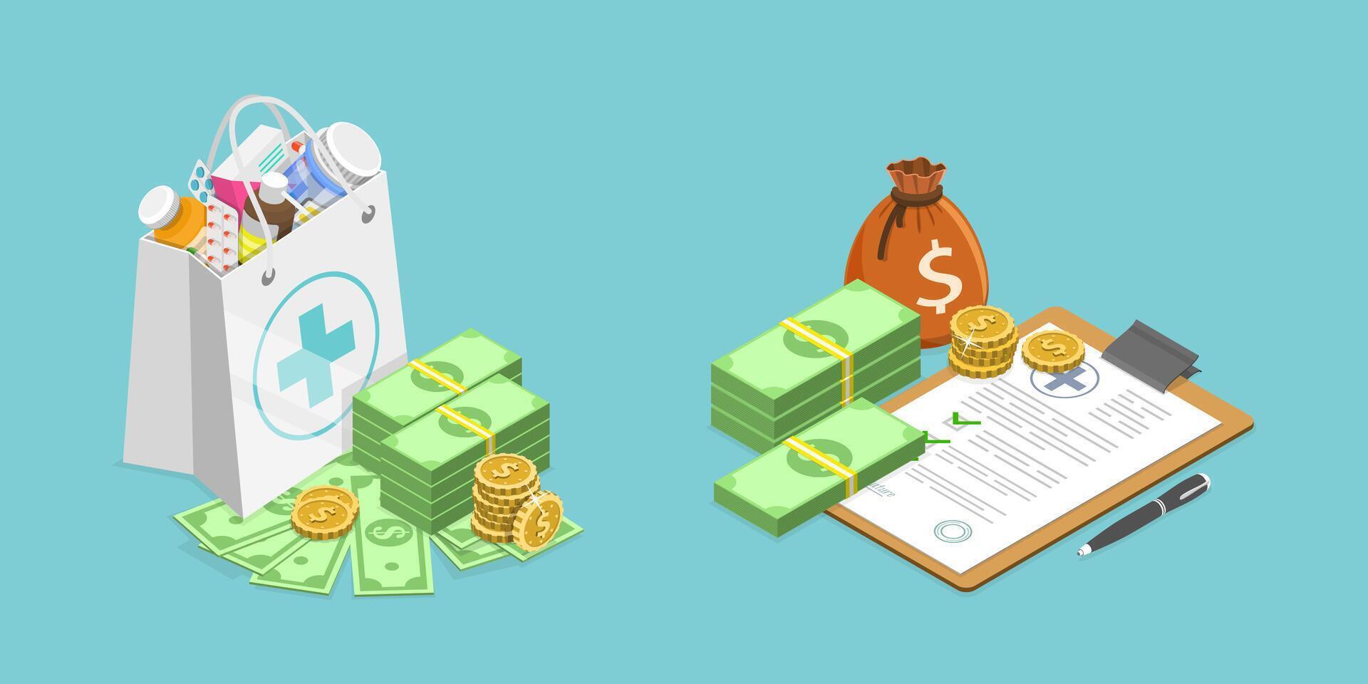 3D Isometric Flat Illustration of Healthcare Bill, High Medical Expenses vector