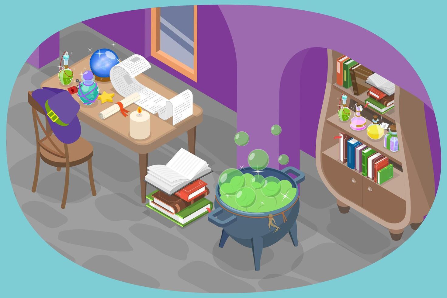 3D Isometric Flat Illustration of Wizard School, Medieval Witch Interior vector