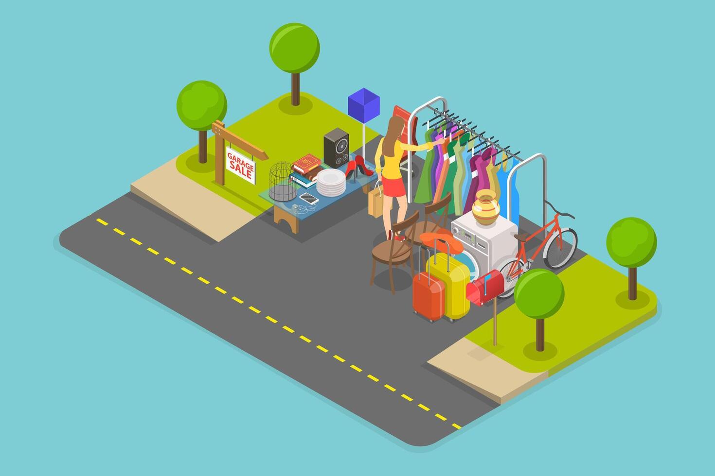 3D Isometric Flat Illustration of Garage Sale, Flea Market Items vector