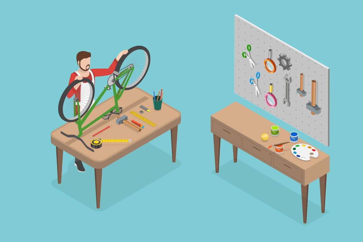 3D Isometric Flat Illustration of Fixing Bike, Technician Fixing a Bicycle vector