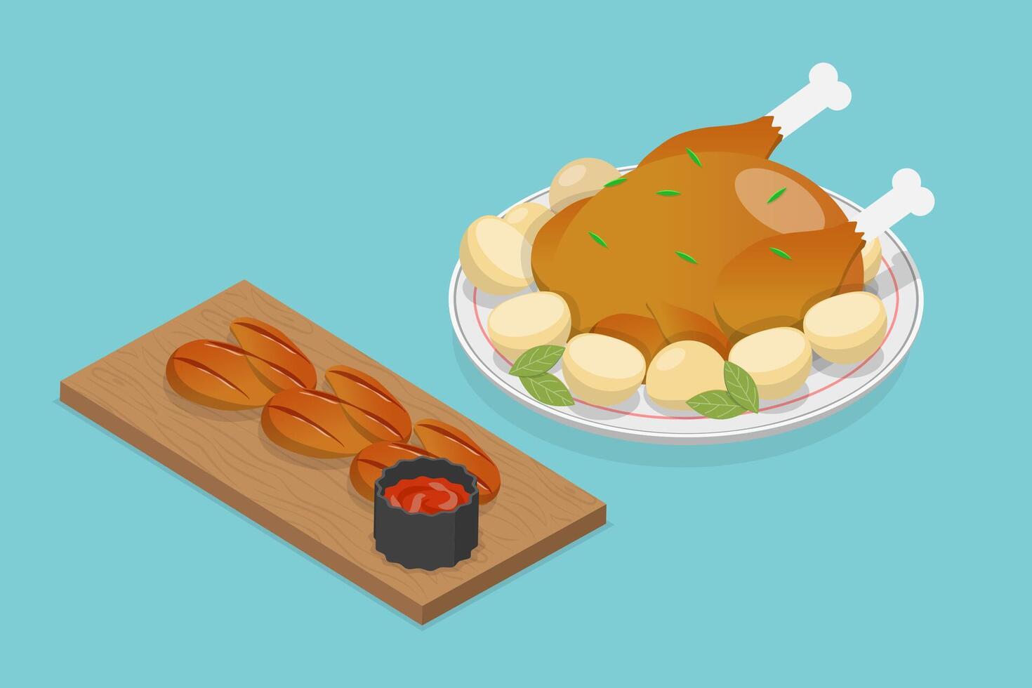 3D Isometric Flat Icon of Meat Dishes, Fried Chicken Meat vector