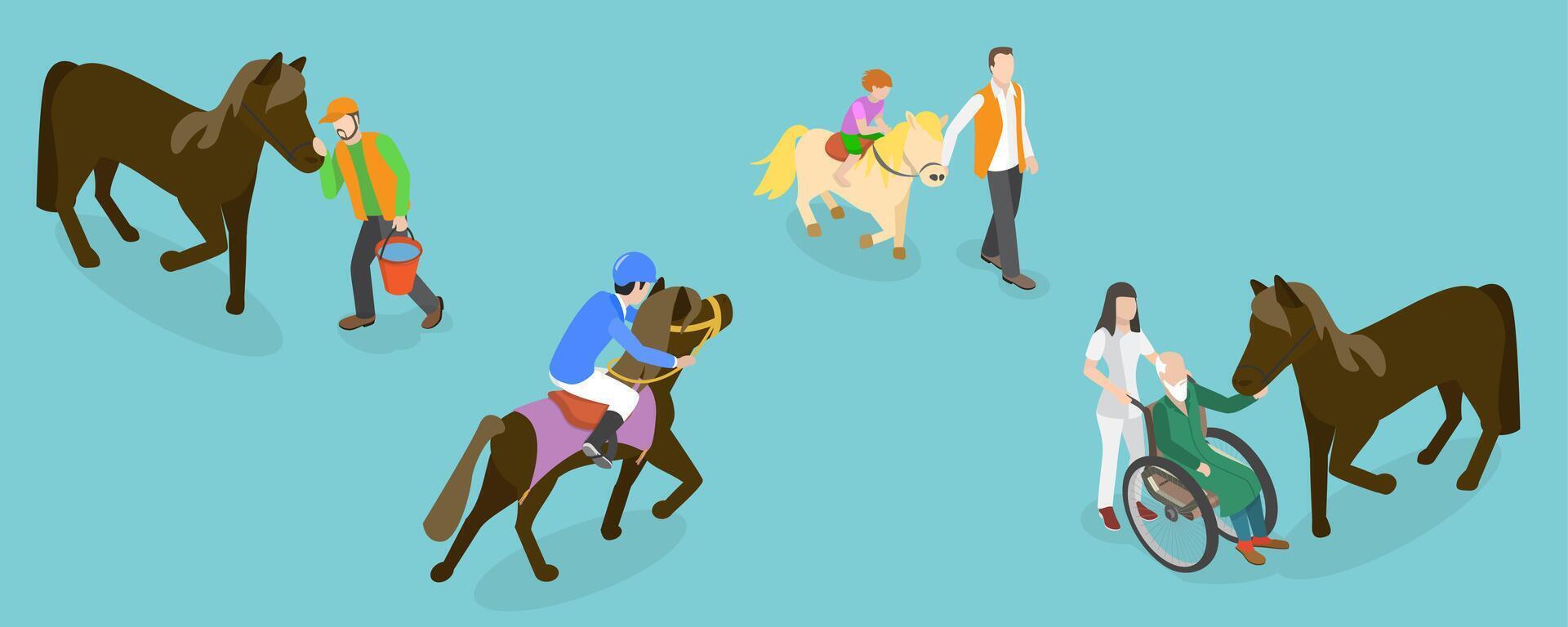 3D Isometric Flat Illustration of Hippotherapy, Animal Therapy with Horses vector