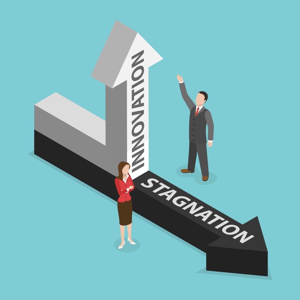 3D Isometric Flat Illustration of Innovation and Stagnation, Obstacles and Limitations VS Development vector