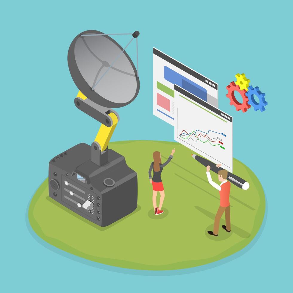 3D Isometric Flat Illustration of Satellite Dish, Radio Telecommunication vector