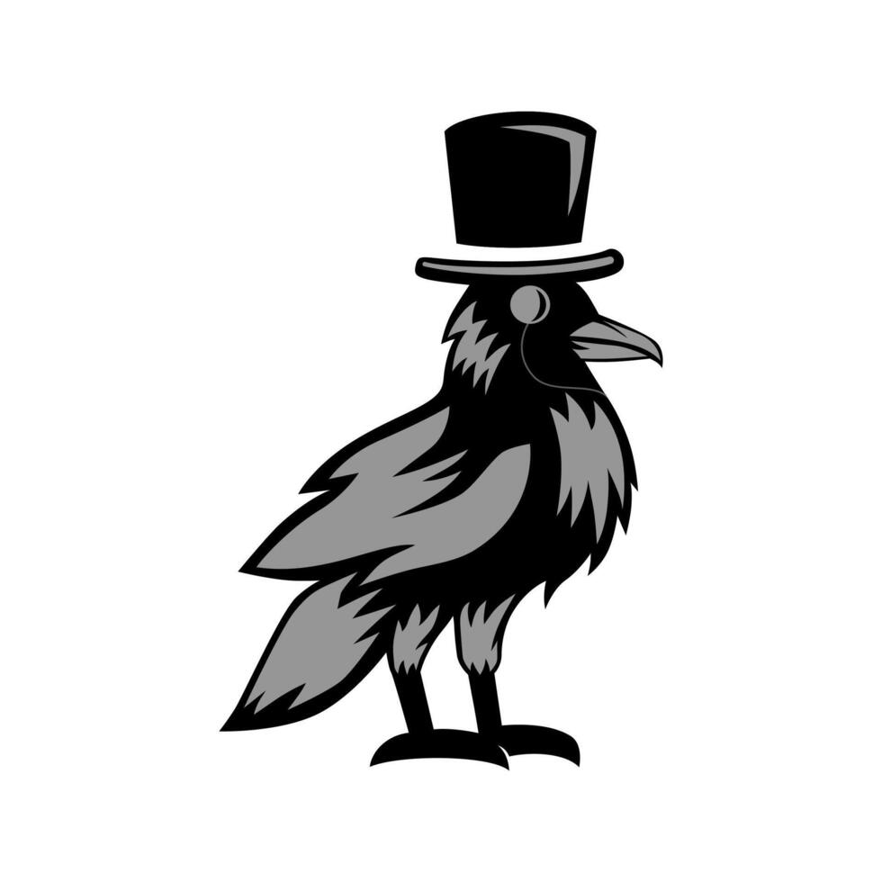 abstract silhouette logo of raven bird with hat vector