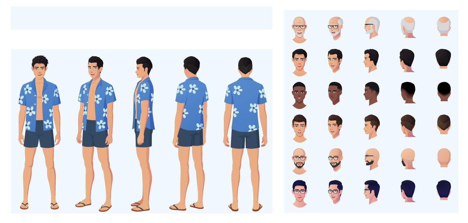 Cartoon Man Character Creation with Man Wearing Swim Shorts, trunks and Hawaii Shirt, Front, Side, and back view, featuring multiple races and Ethnicities Illustration vector