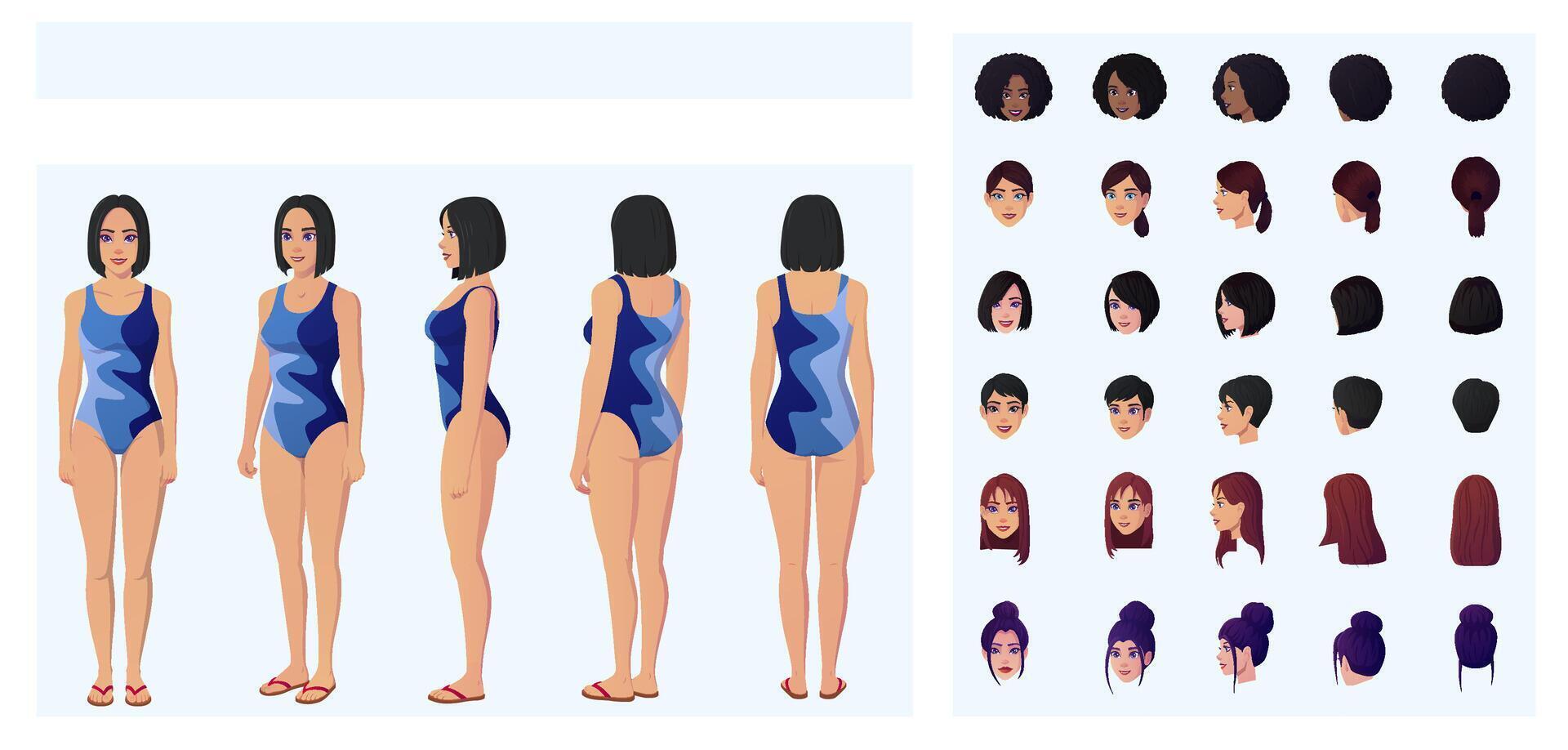 Cartoon Woman character Creation with Woman wearing Bikini, swimsuit, movable joints for animation and posing, Front, Side, and back view, multiple Races Illustration vector