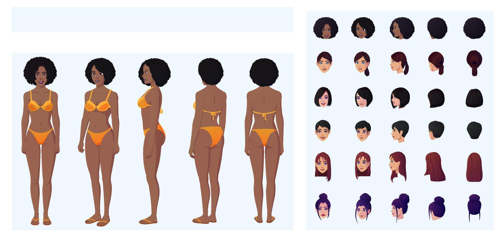 Cartoon Black Woman character Creation with Woman wearing Bikini, swimwear, Front, Side, and back view, featuring multiple races and Ethnicities Illustration vector
