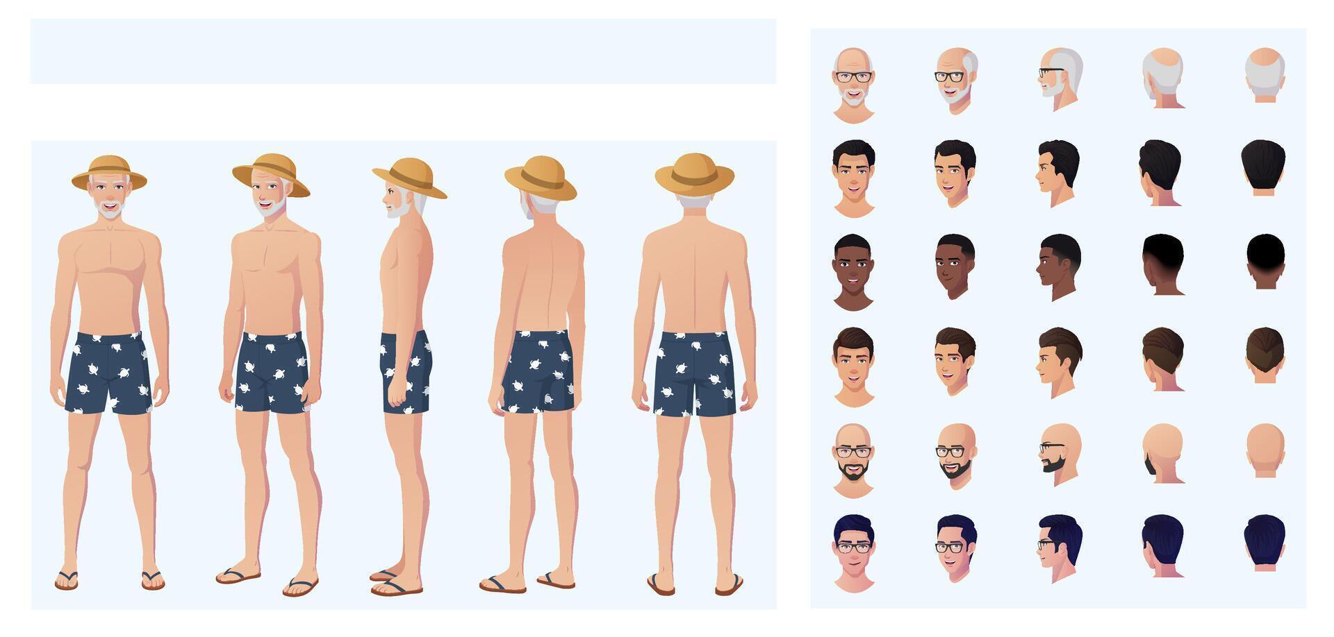 Old Man Cartoon Character Creation with Man Wearing Swim Shorts, and straw-hat, Front, Side, and back view, featuring multiple races and Ethnicities Illustration vector