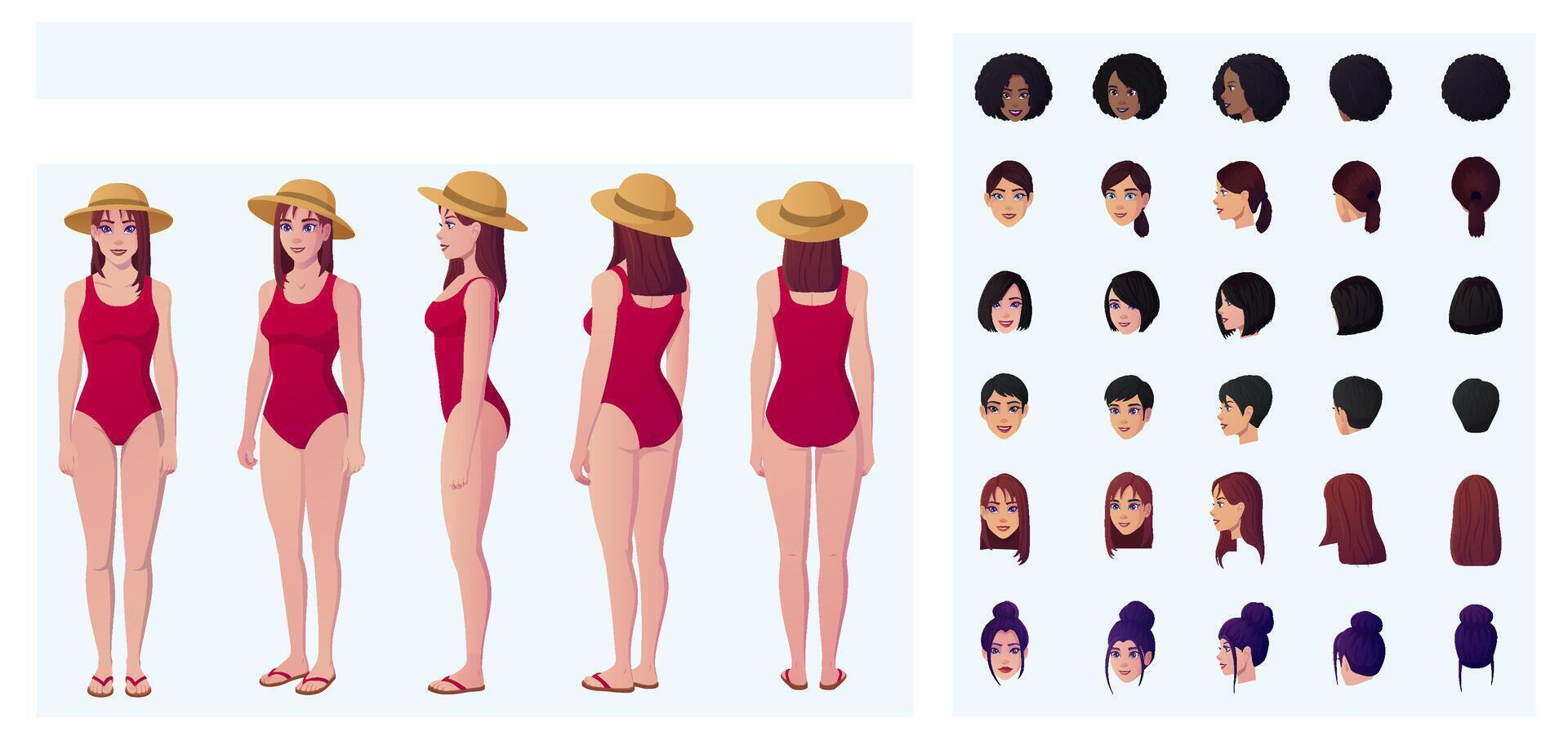 Woman Wearing Bikini, swimsuit character Creation with movable joints for animation and posing, Front, Side, and back view, multiple Races and ethnicities, Illustration vector