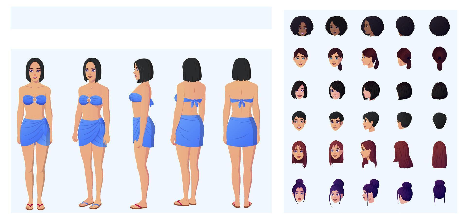 Cartoon Woman character Creation with Woman wearing Bikini, swimsuit, with Front, Side, and back view, featuring multiple races and Ethnicities Illustration vector