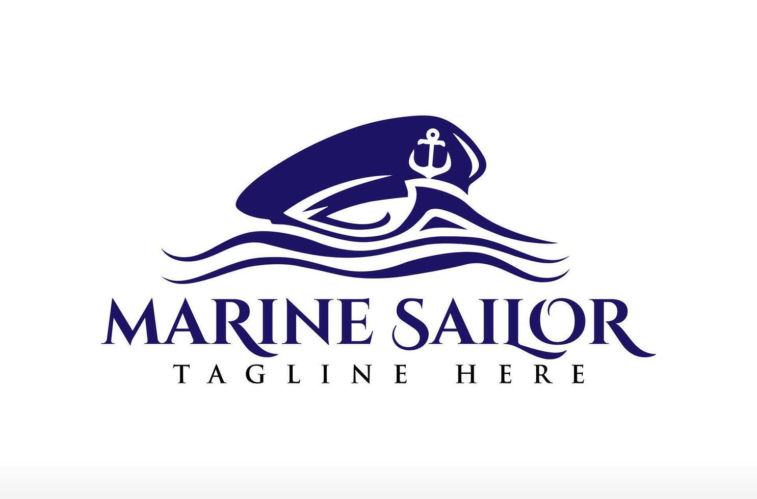 Marine Sailor Logo, Captain Cap logo, Sea Wave logo design, marine ship captain cap in the coastal, marine concept, marine life in the sea ocean blue water Icon Symbol anchor Illustration vector