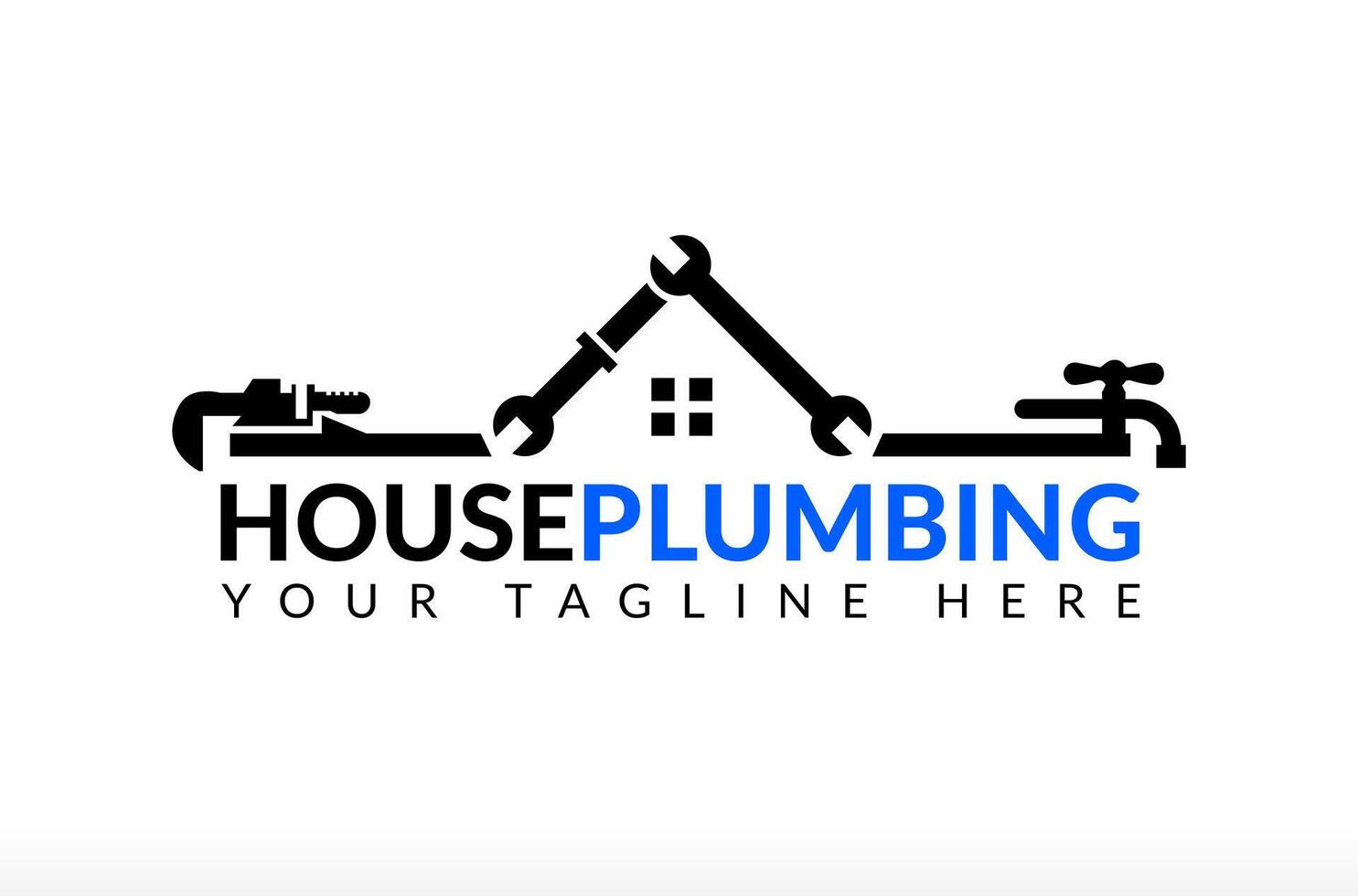 House Plumbing Logo Design, water pipeline construction logo, plumber contractor logo, plumbing house logo, wrench blue water line fix solve plumbing element Icon Symbol Silhouette Illustration vector
