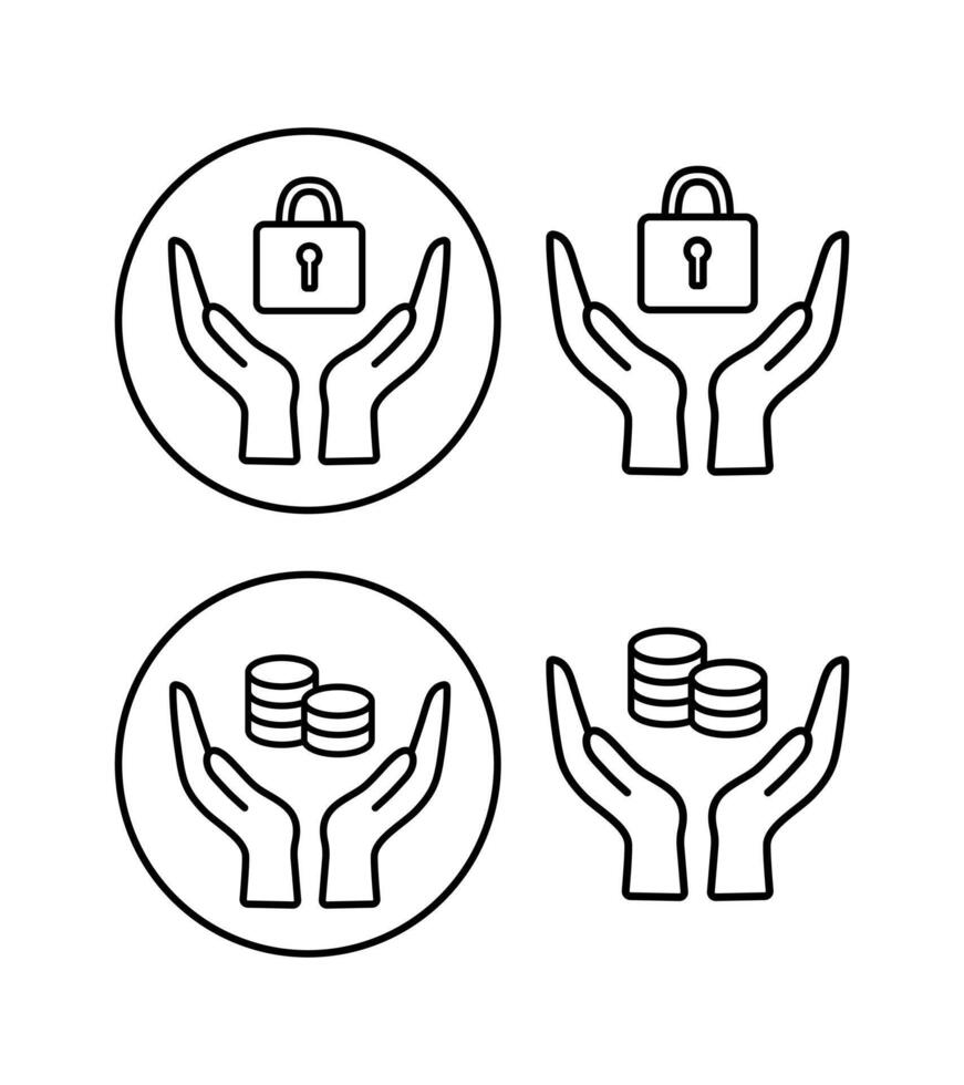 A set of icons depicting hands holding money and a padlock. Hands holding dollars and euros, padlock. Stock image. icon of finance, wealth and security. illustration. illus vector