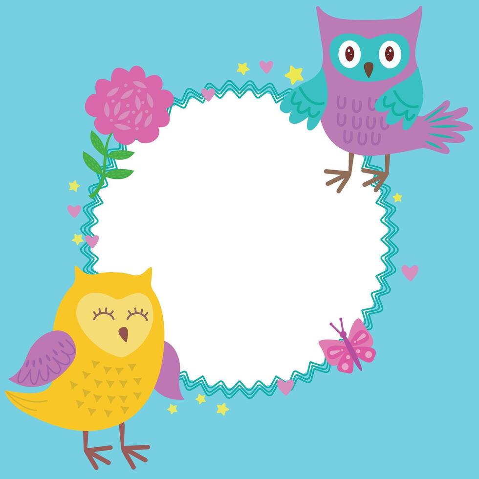 A frame with cute owls, butterflies and flowers. Cute postcard, hand-drawn frame with cartoon owls, butterflies and flowers. illustration vector