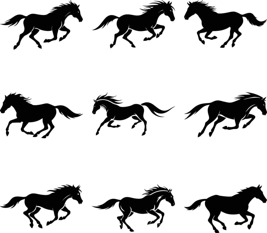Nine galloping horse silhouettes are presented in an artistic black against a plain background vector