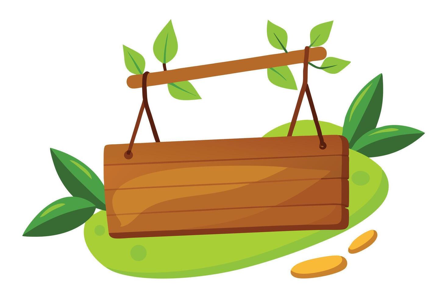 Wooden sign hanging from a branch is surrounded by leaves and vibrant greenery vector