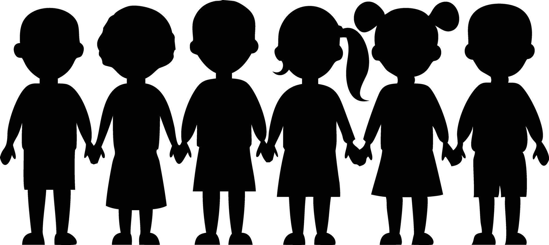 Children silhouettes in a row are holding hands and wearing simple clothing items vector
