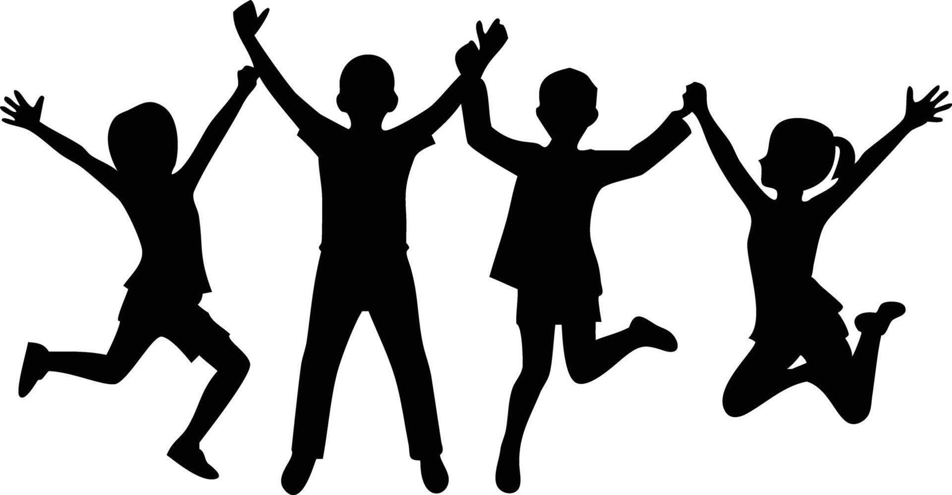 Four kids jumping together, raising their arms, showcase joy and unity as black silhouettes vector