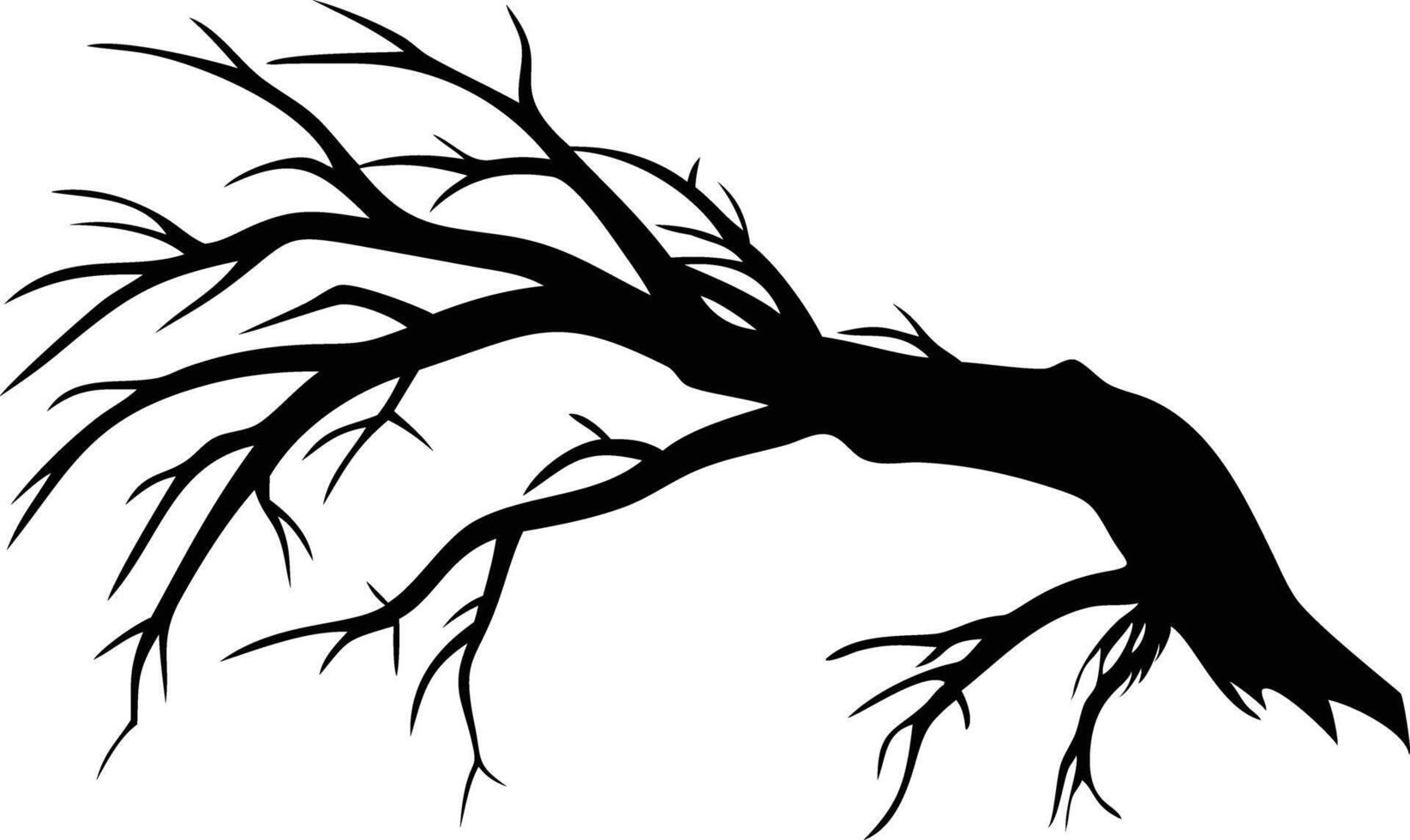 Silhouette of a gnarled, leafless tree bending low against the white background vector