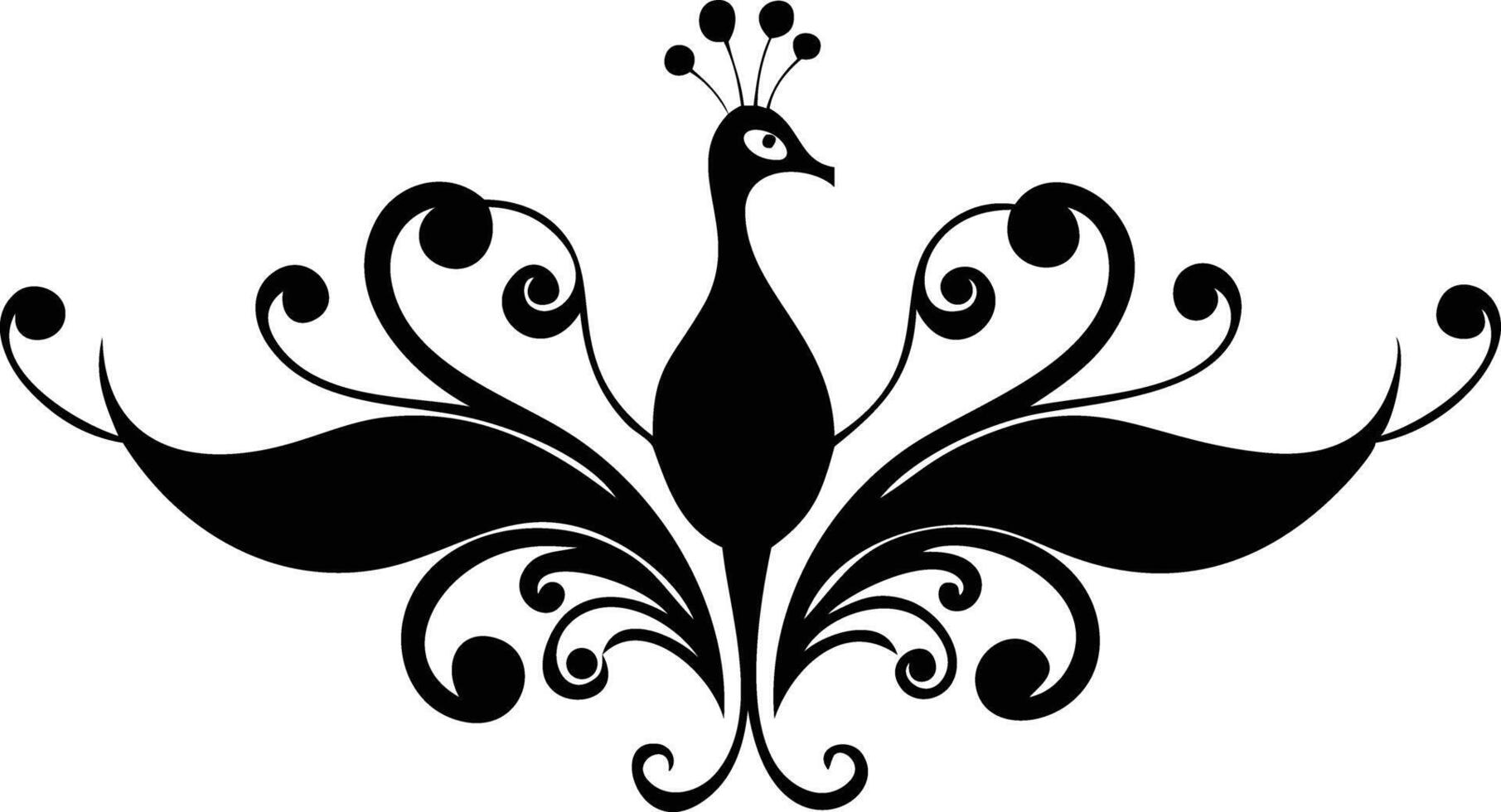 A stylized black peacock stands amidst ornate, swirling feather patterns on a white background vector