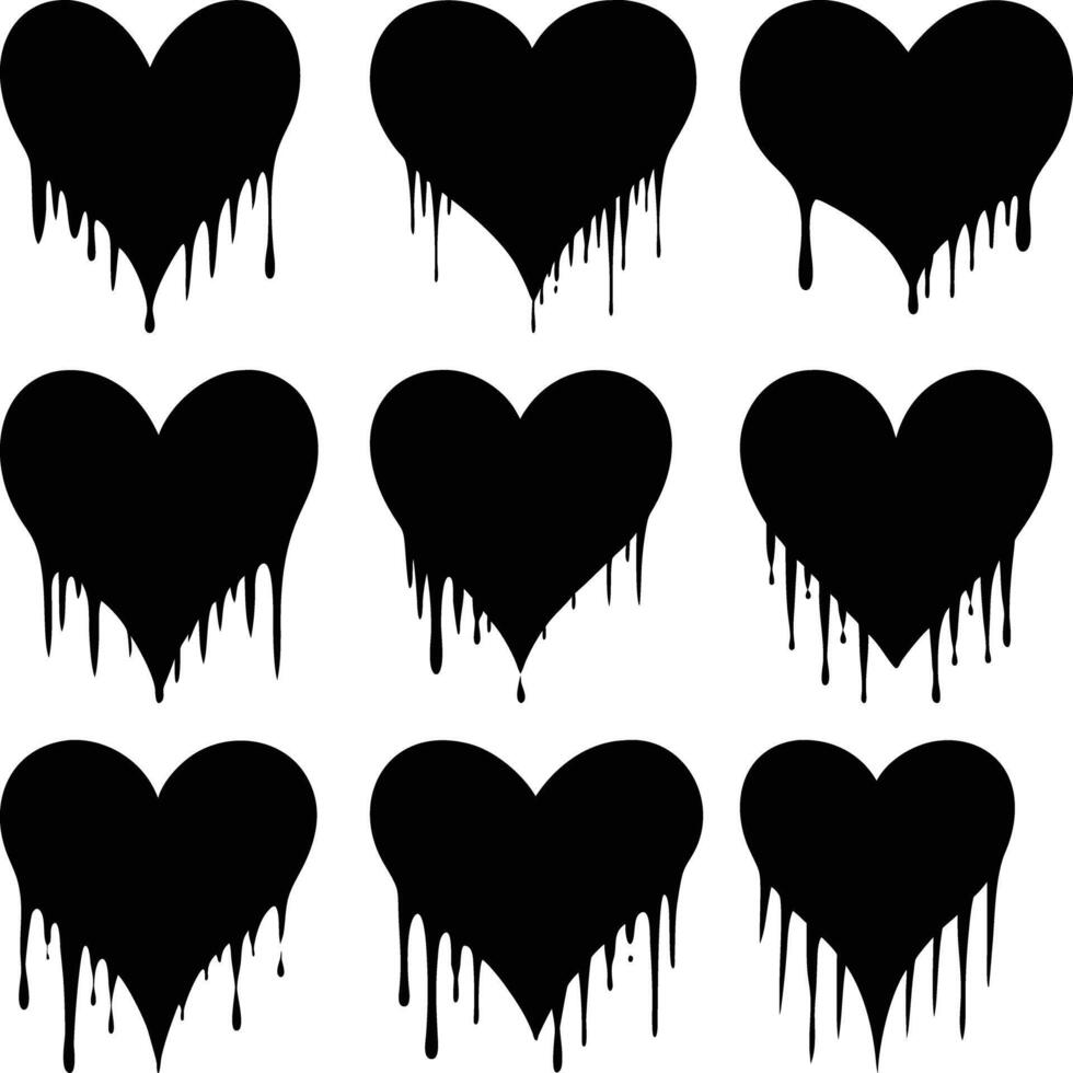 Nine black dripping hearts are arranged on the pure white color background design vector