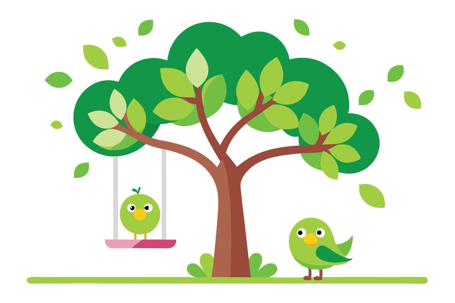 Two cute green birds enjoy a sunny day near a leafy tree and swing vector