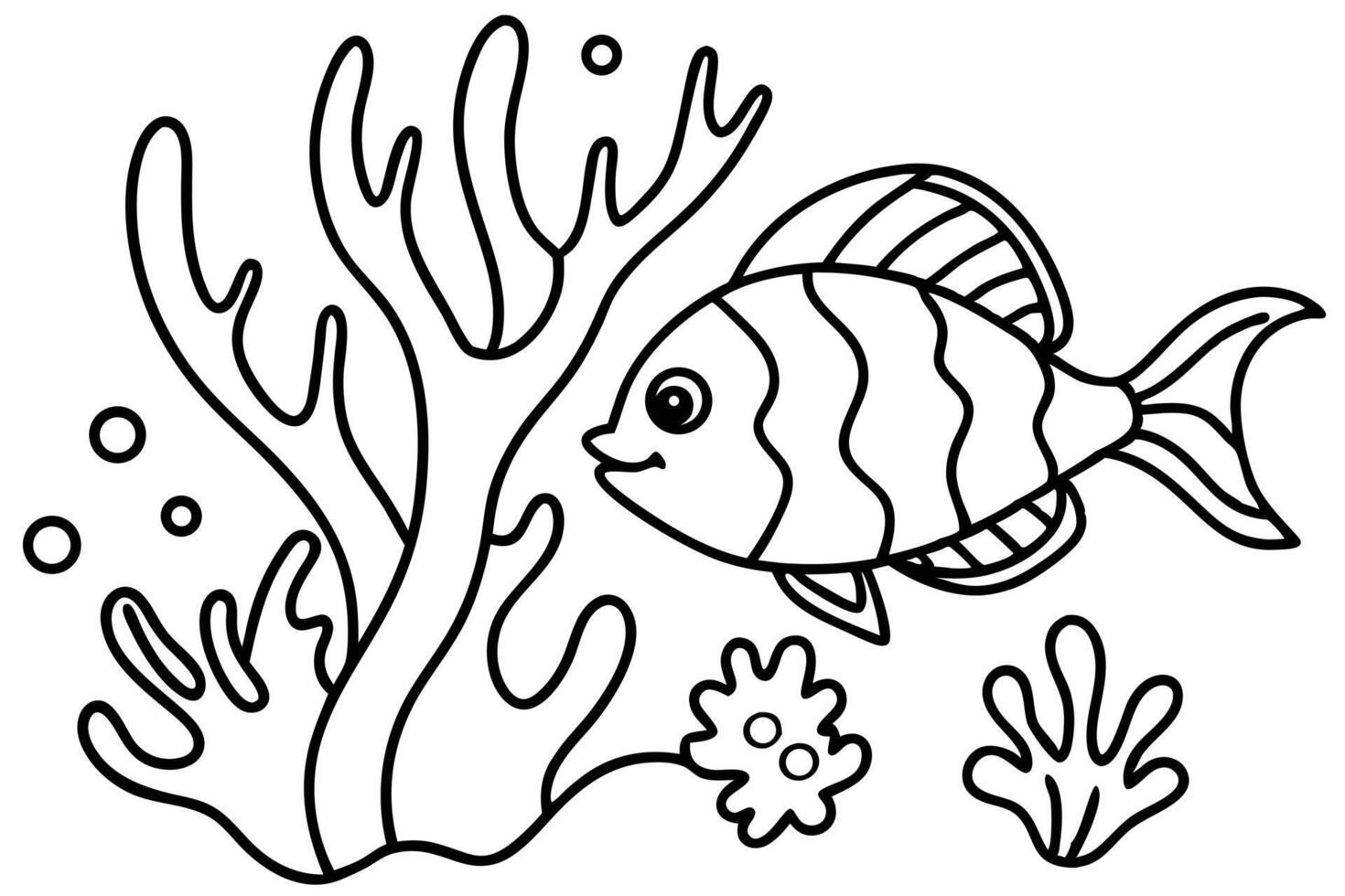 Striped fish explores coral reef surrounded by rising bubbles in a monochrome sketch vector