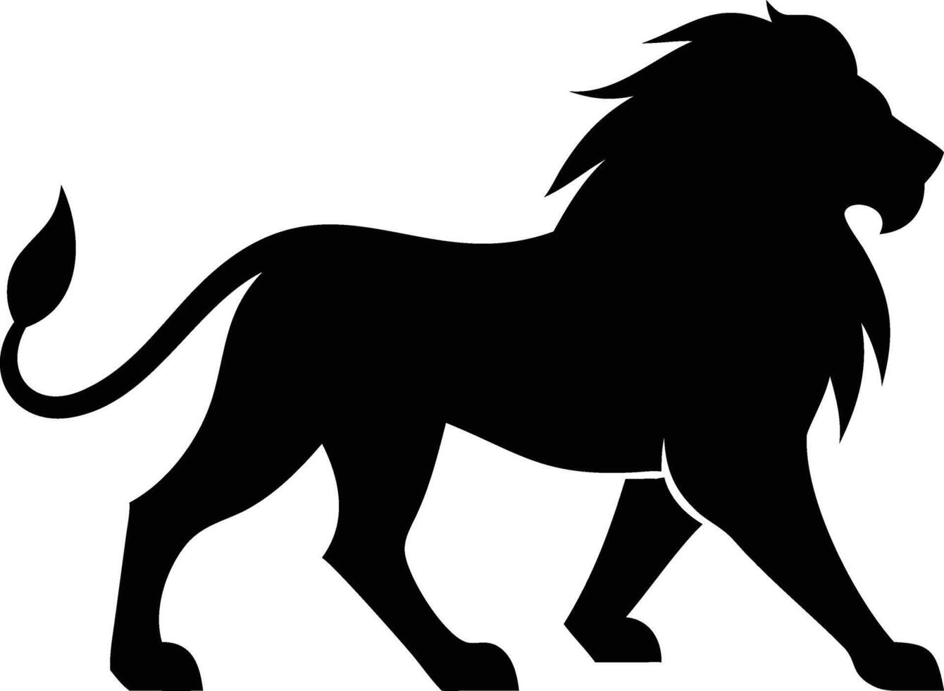 Majestic lion walking is seen in black silhouette against plain white background vector