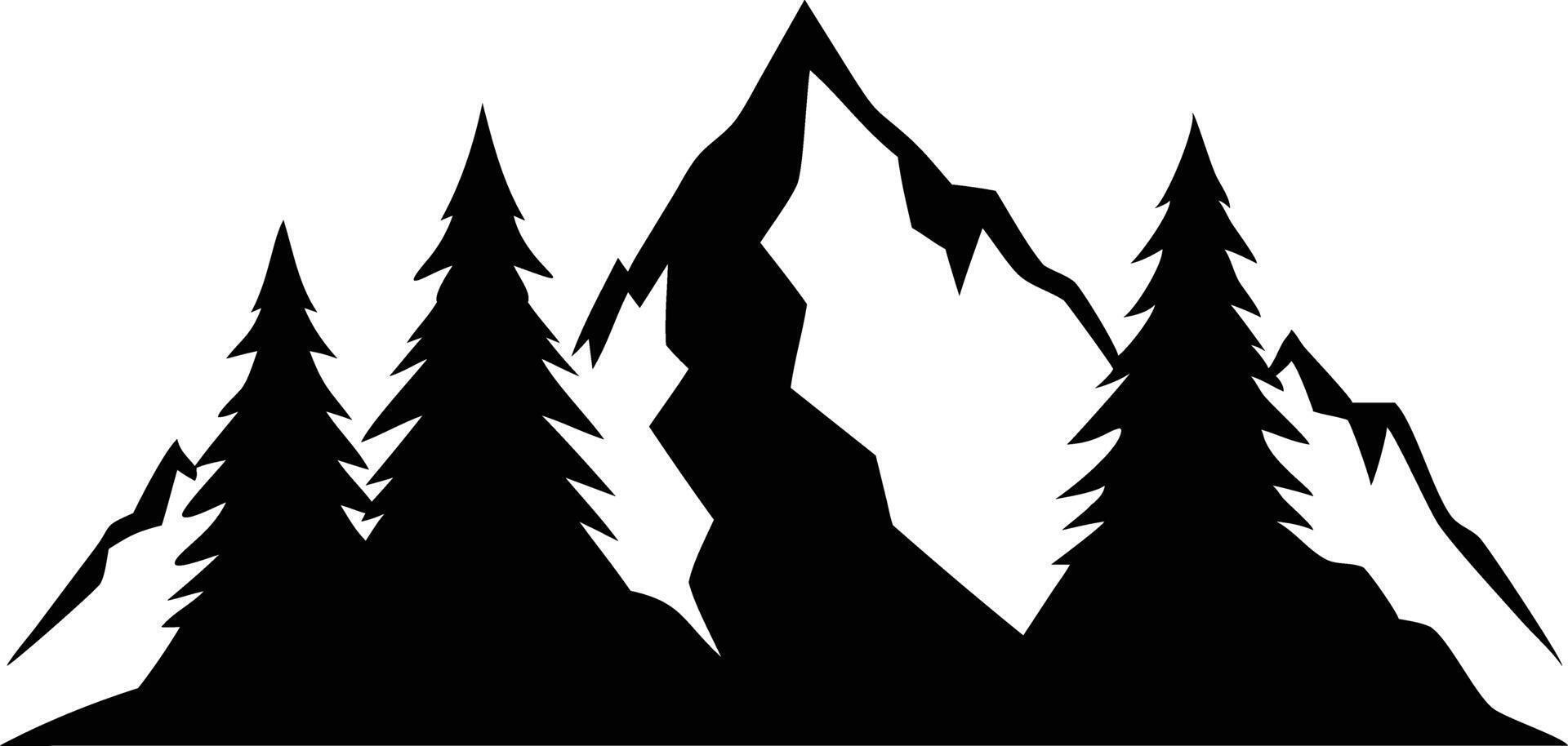 Two evergreen trees flank the mountain peaks in this stark black and white silhouette vector