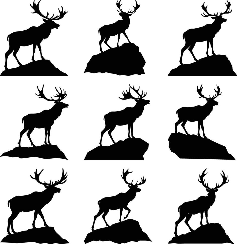 Majestic deer silhouettes stand proudly atop rocky outcrops, showcasing their impressive antlers against a plain background vector