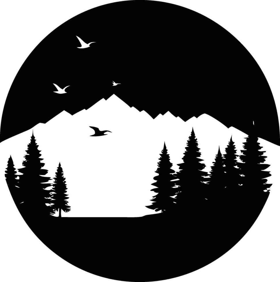 Black and white landscape shows mountains, trees, and flying birds in circle style vector