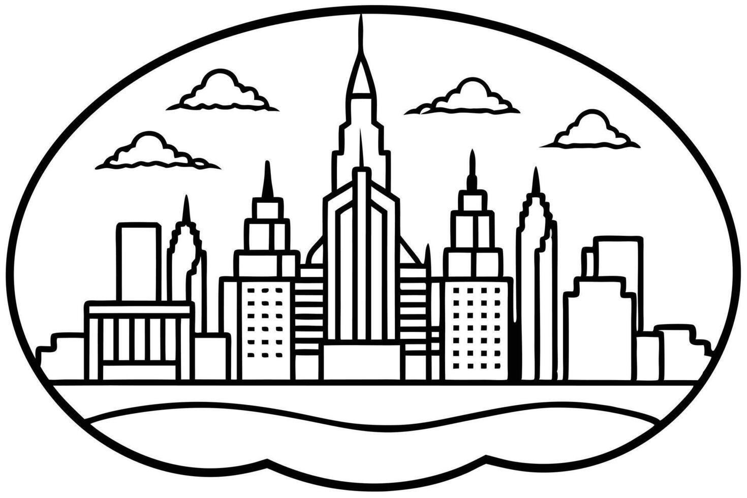 Black outline city skyline features prominent buildings, clouds, and a water body within oval frame vector