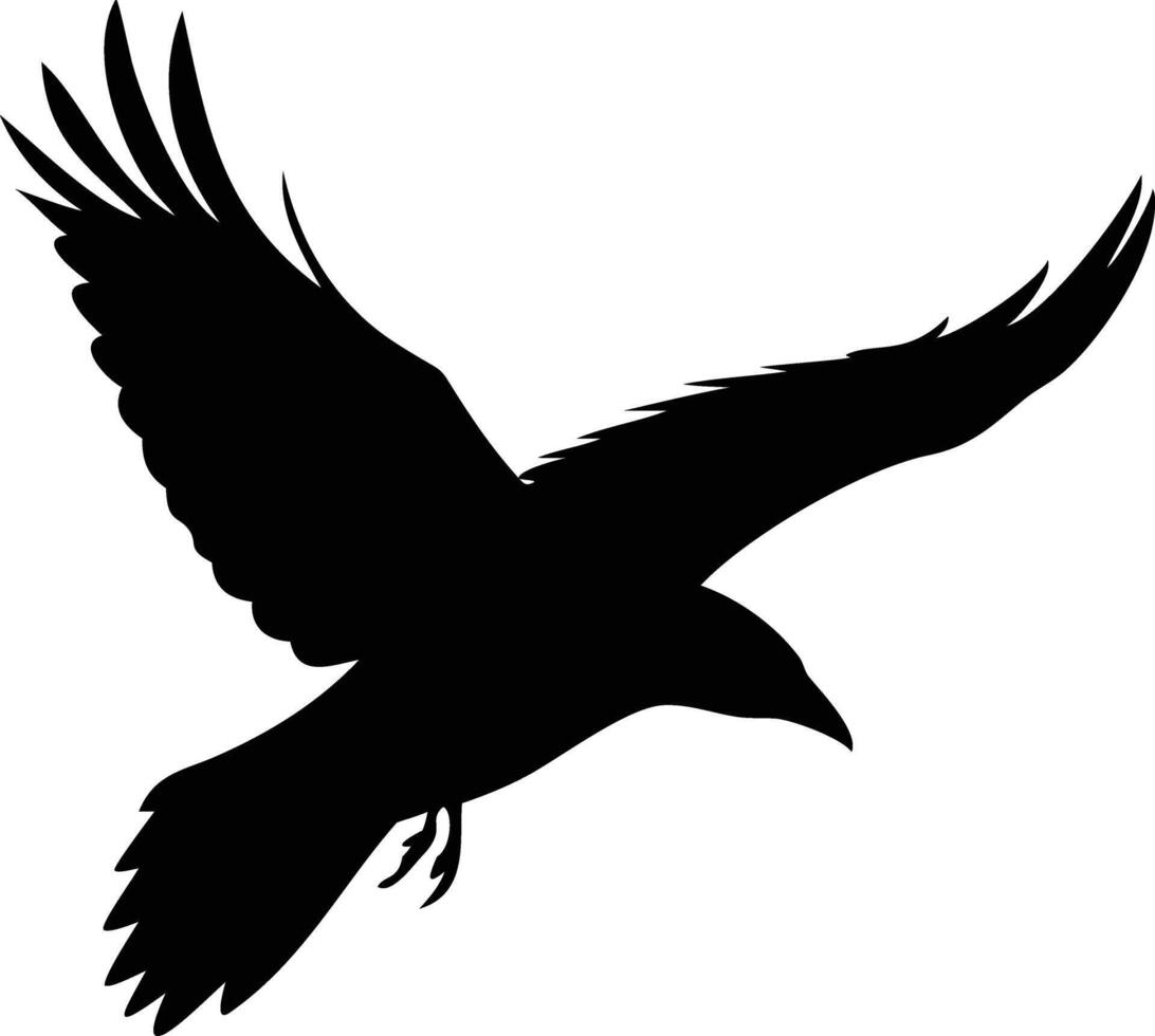 Isolated black silhouette shows a raven or crow in flight against white vector