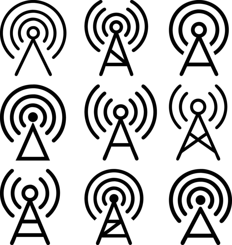 Nine black transmission tower icons each feature different construction and signal patterns on white vector