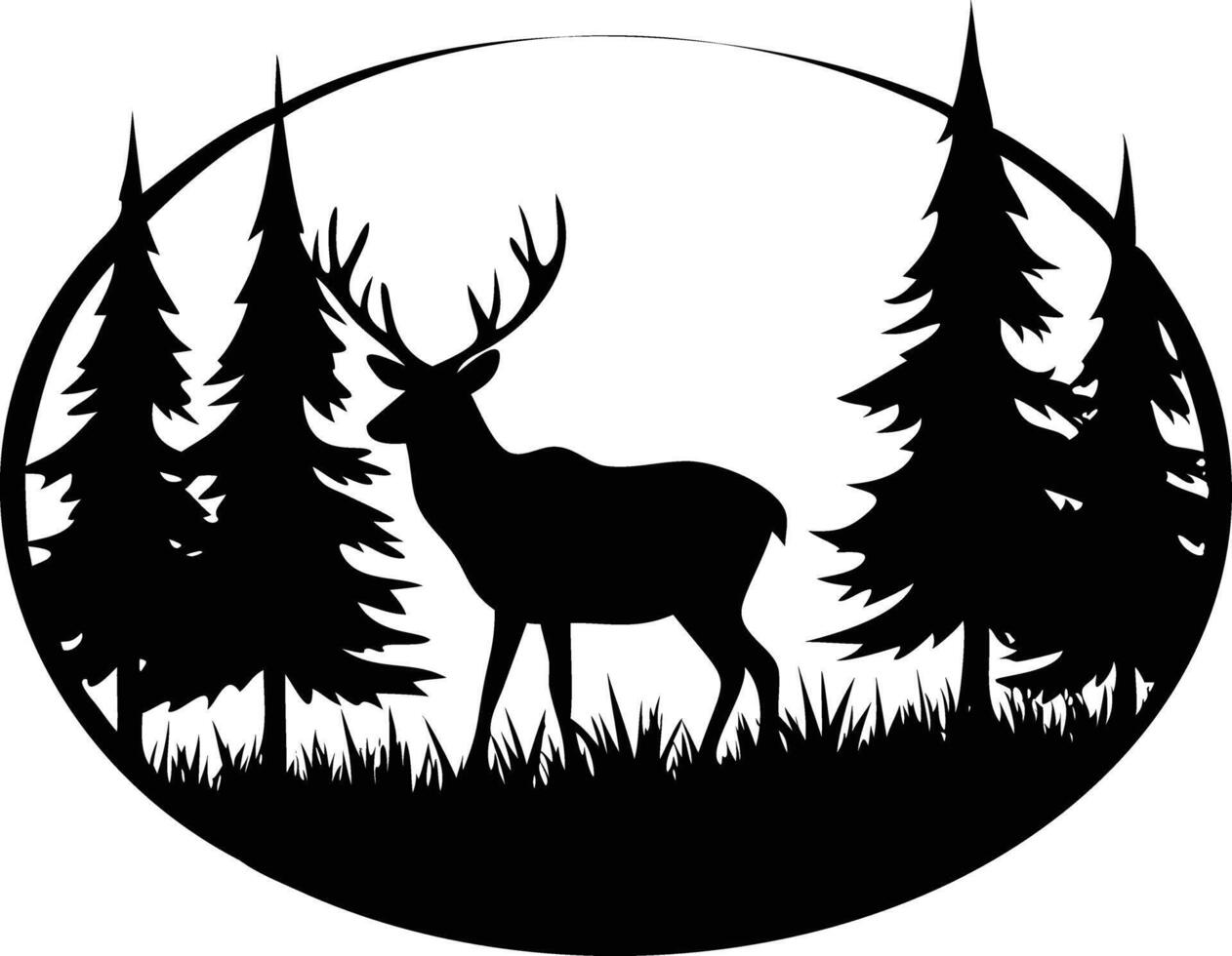 Silhouetted deer standing gracefully among tall pine trees encased in a circular frame vector