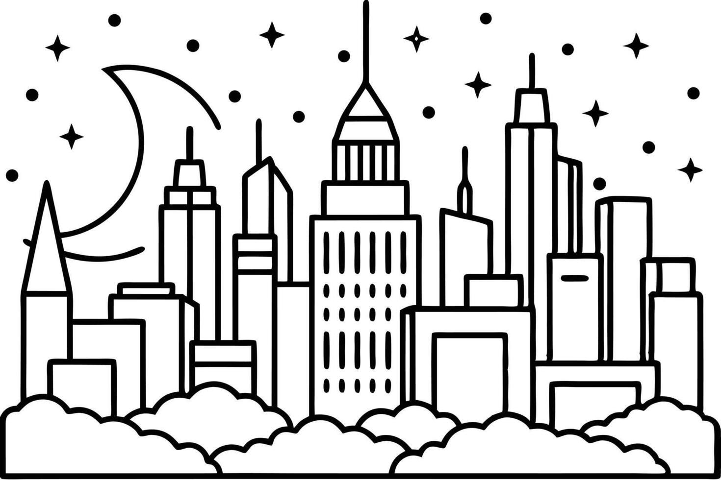 The black outline presents city buildings beneath the moon and stars shining brightly vector