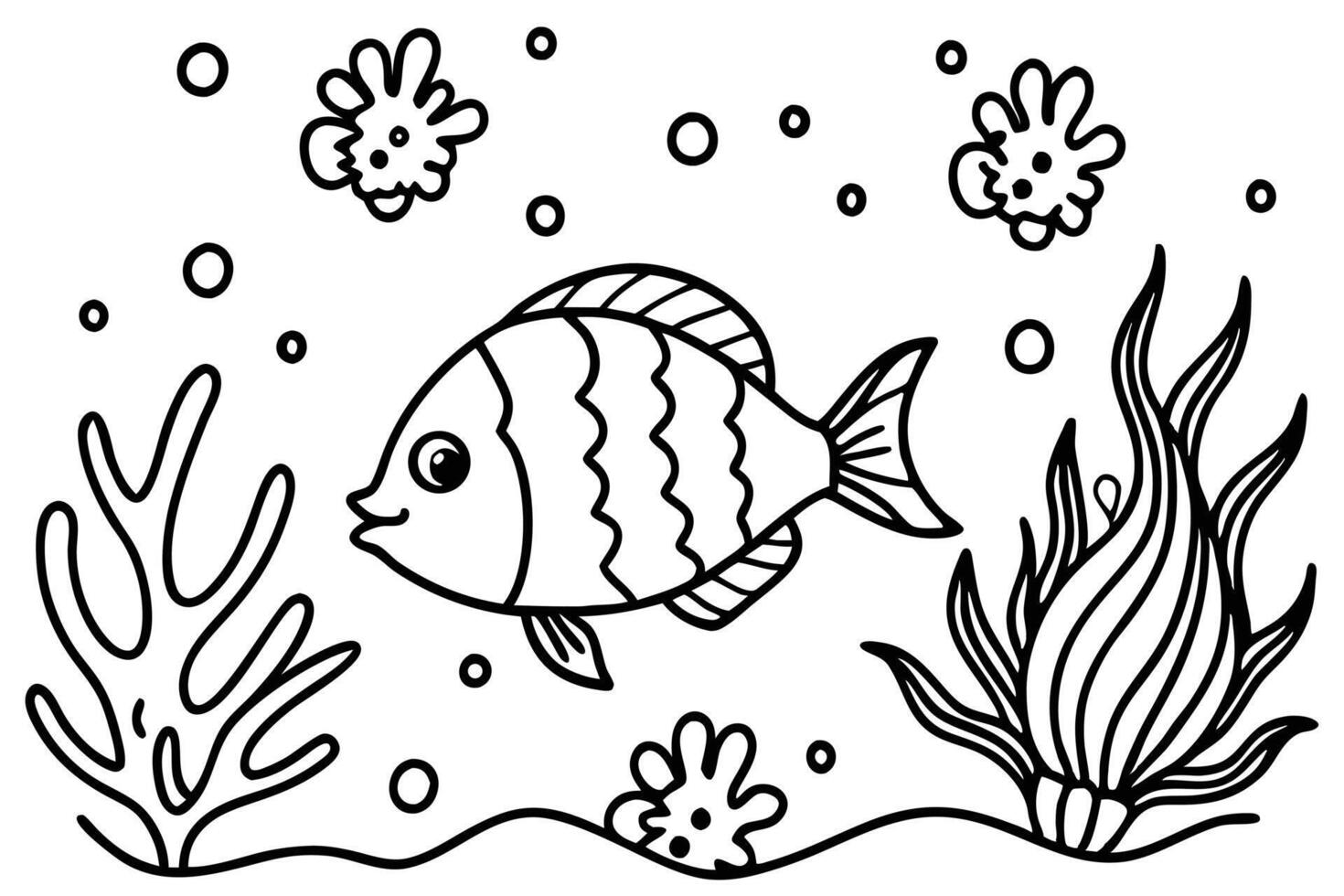 Outlined striped fish swims happily among the outlined sea plants and bubbles underwater vector