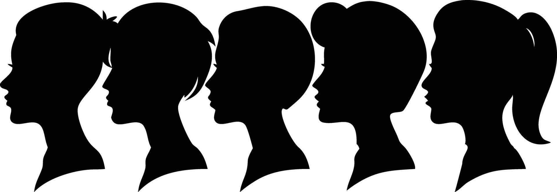 Several diverse female face silhouettes display various elegant haircuts in a sleek horizontal arrangement vector