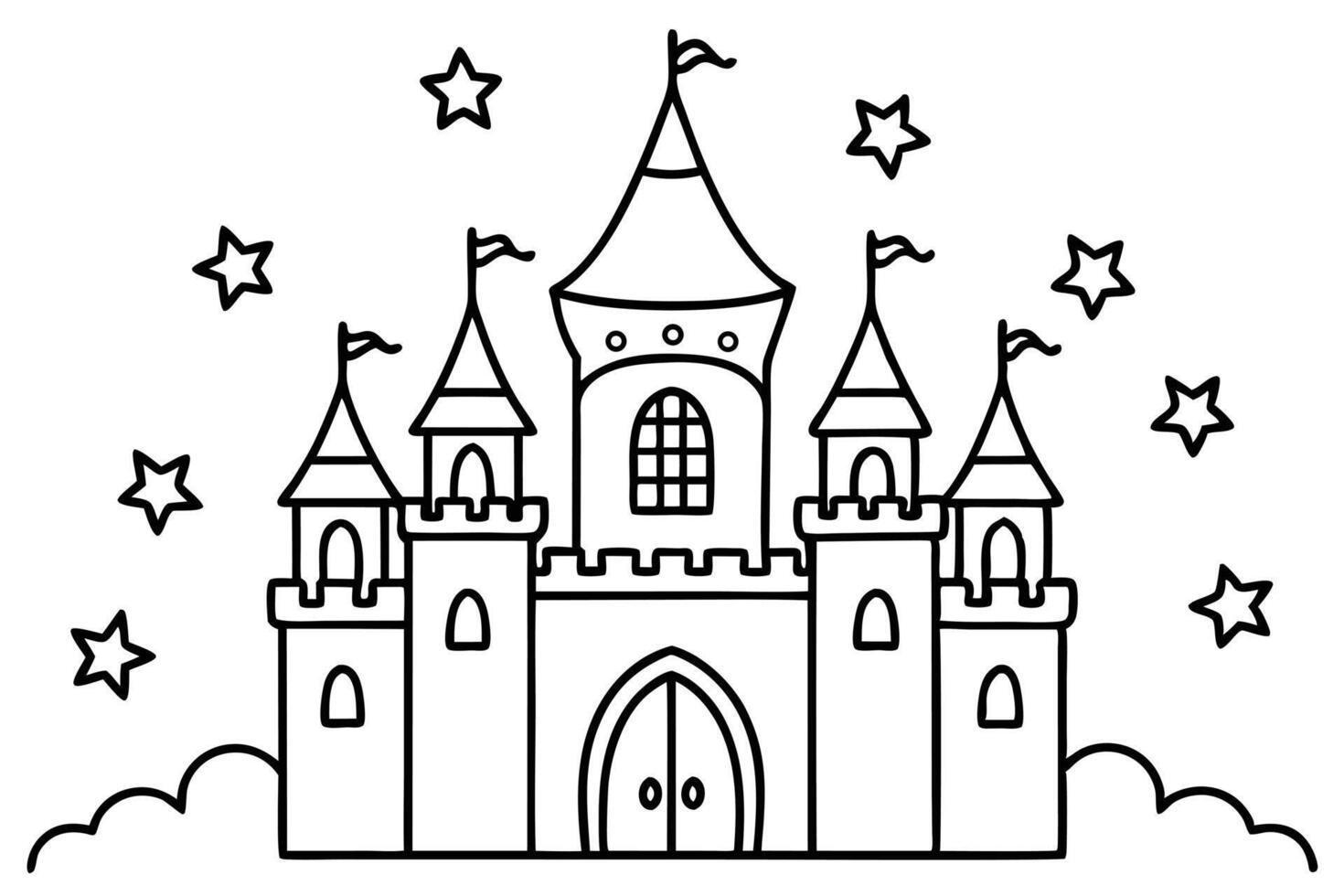 Fairytale castle with flags atop towers stands amid sparkling stars and dreamy clouds vector