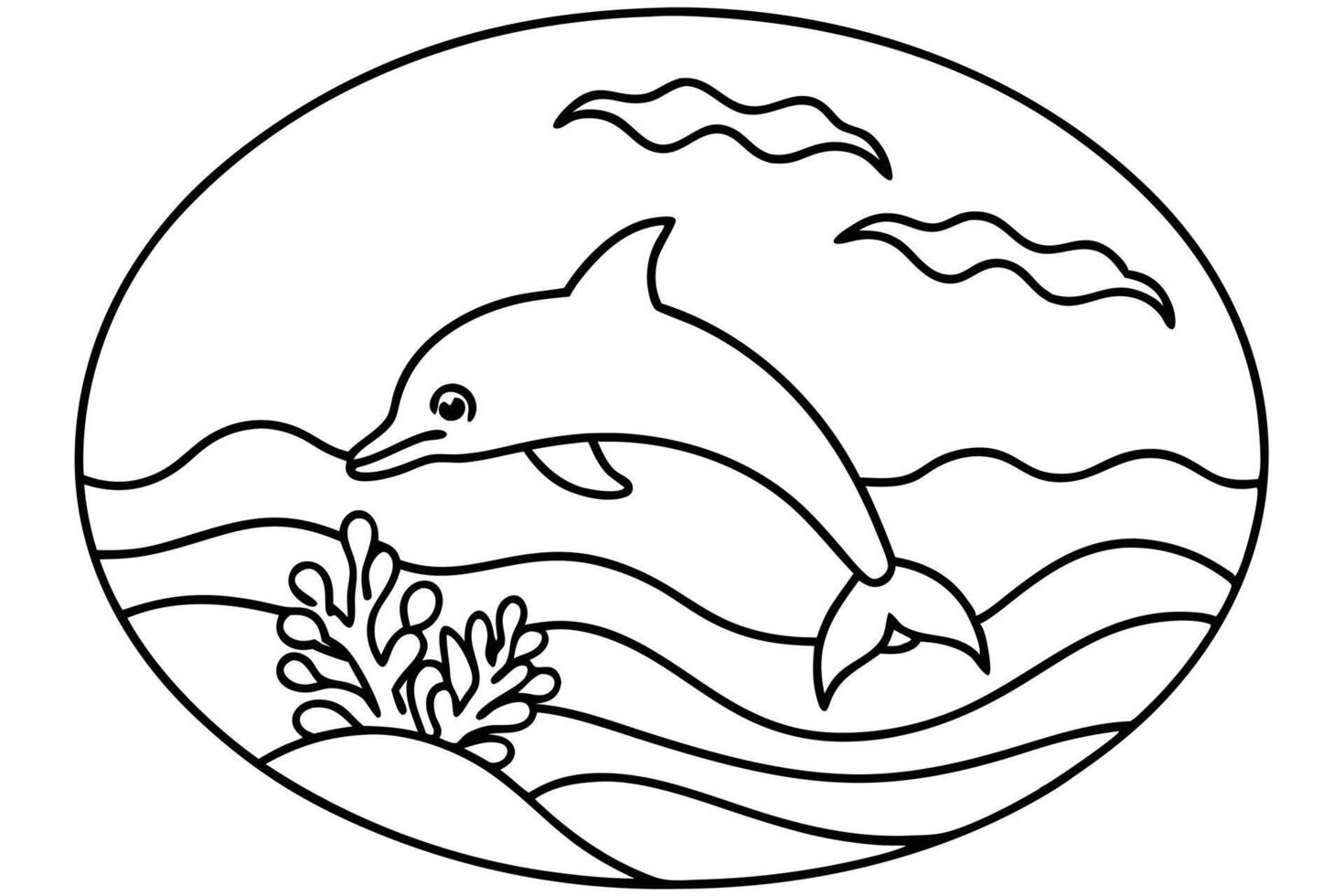 Outlined cartoon dolphin leaps cheerfully above simple ocean waves near coral reef vector