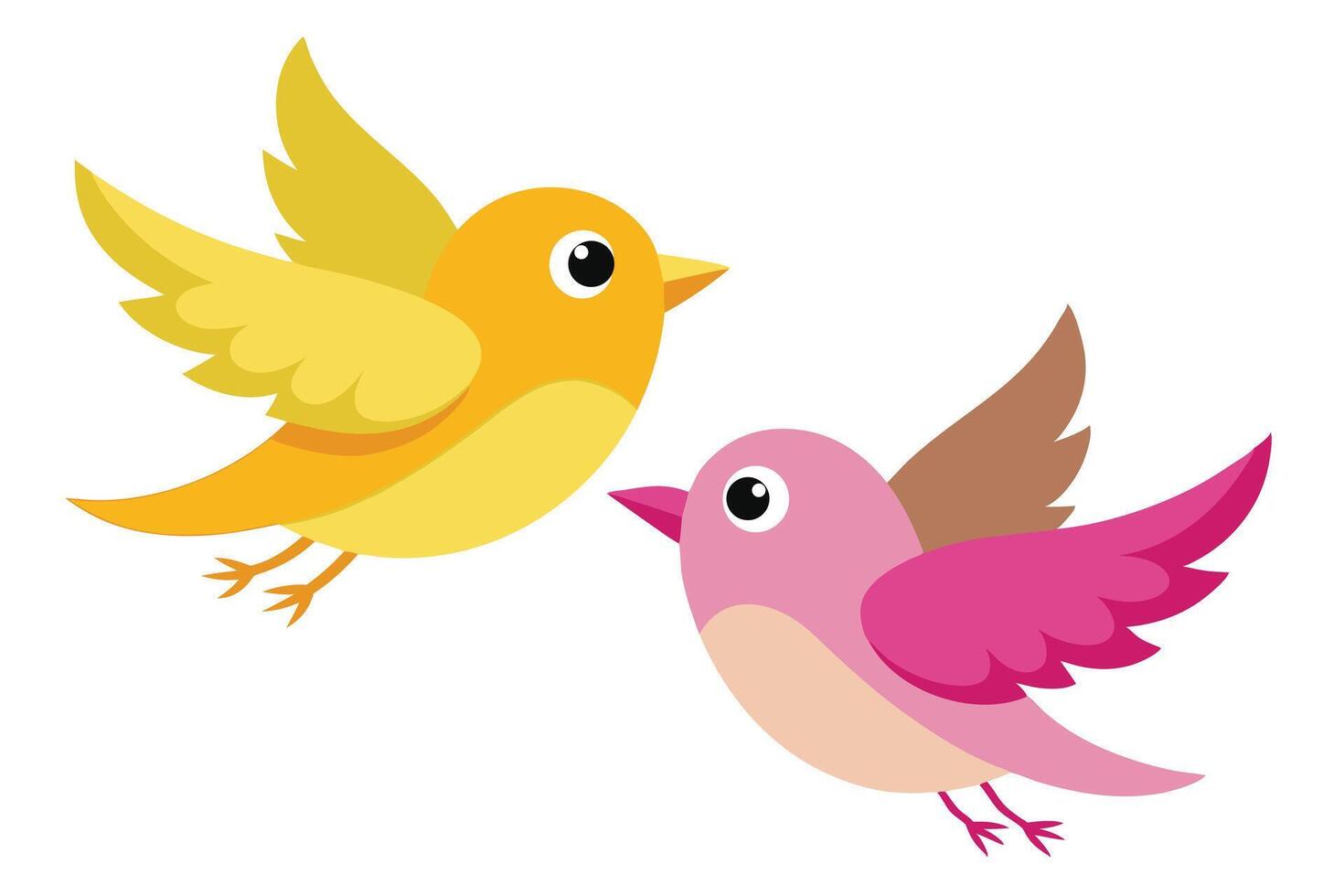 Two stylized birds, one yellow and one pink, fly happily against a plain background vector