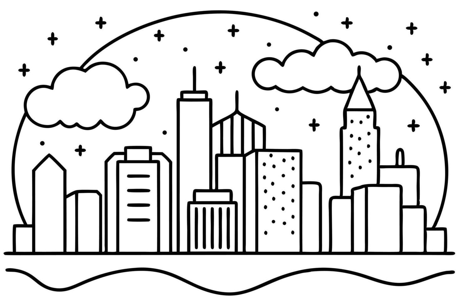 A stylized skyline shows various city buildings with clouds, stars, and a black line vector