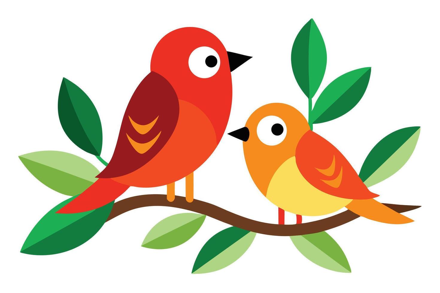 Two adorable birds perched together happily on a branch amidst vibrant green leaves vector