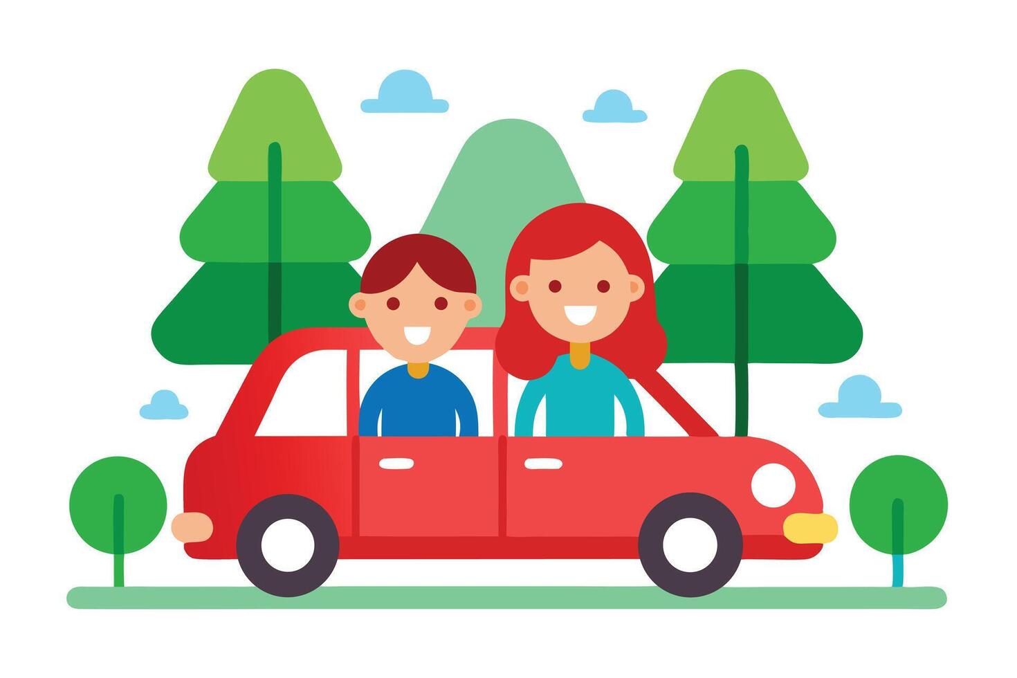 Smiling boy and woman are driving a red car near green trees outside vector