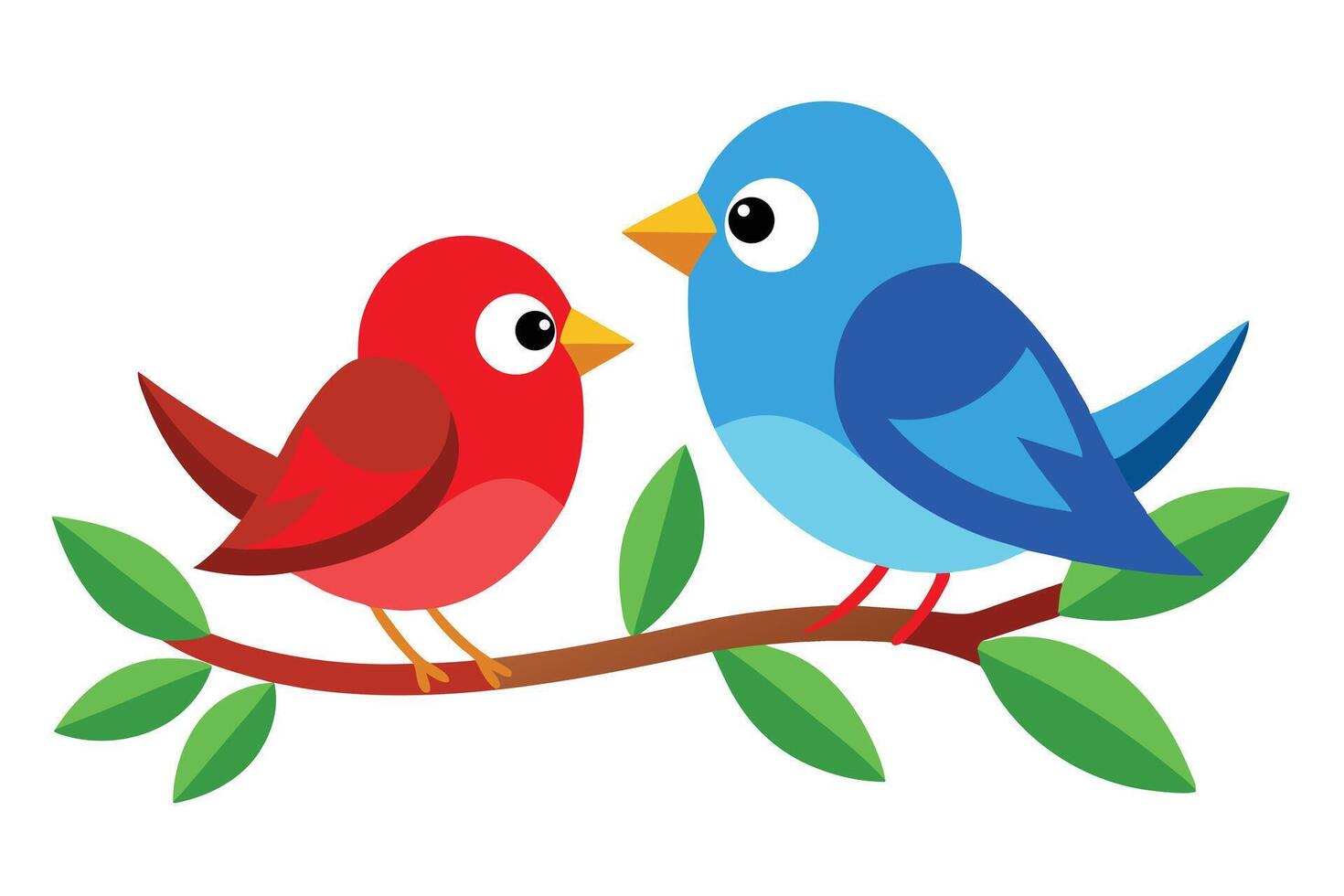 Two cartoon birds, one red and one blue, perch together on a leafy branch vector