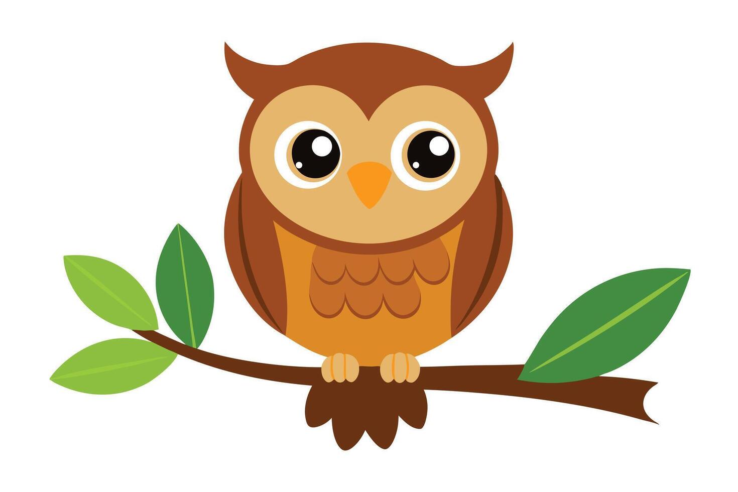 Animated brown owl character sits peacefully on a leafy branch within a cartoon nature scene vector