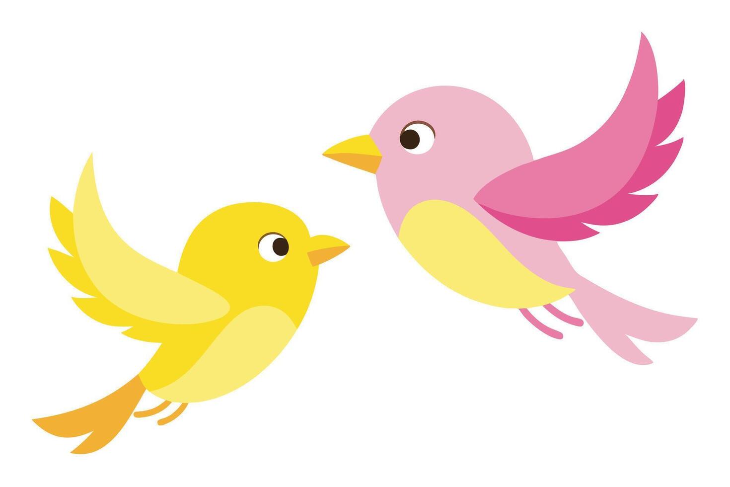 Two adorable cartoon birds with yellow and pink plumage are flying in tandem vector