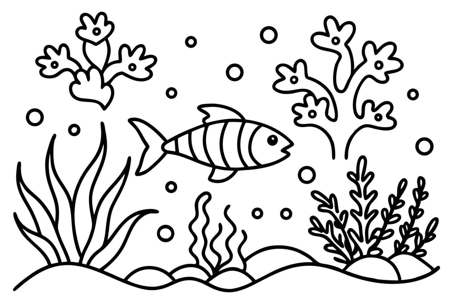 Line art fish swims near coral and plants in an underwater ocean scene vector